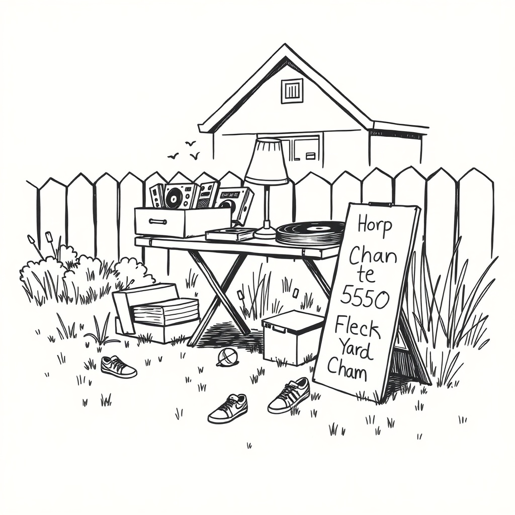 Everything Must Go — hand-drawn yard sale scene tee design